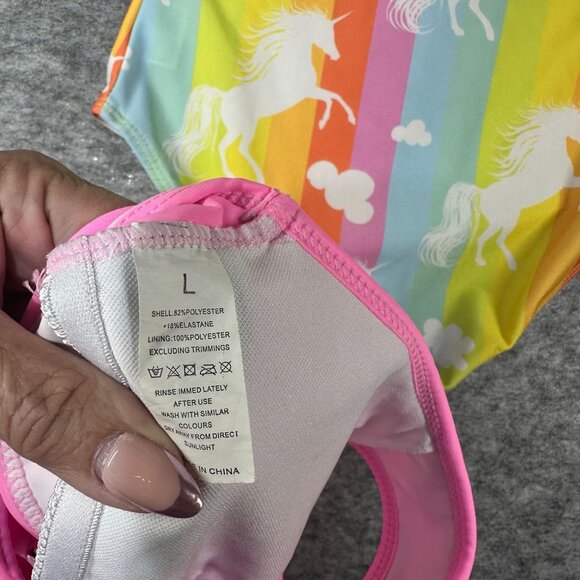 Lot of 2 Girls Swimsuits L Pink/Navy Tankini & Rainbow Unicorn One-Piece - Picture 6 of 6